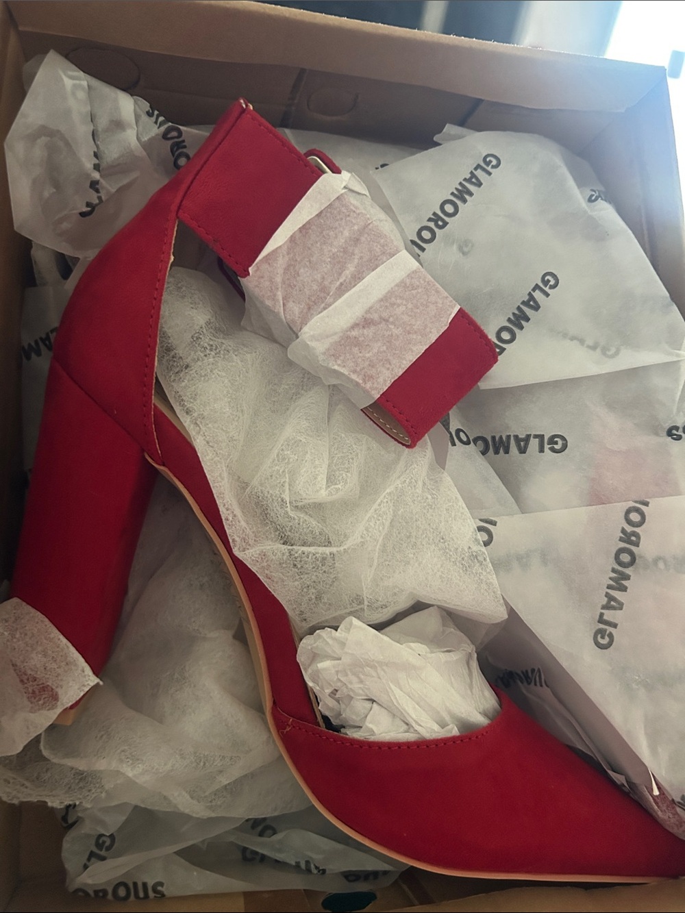 Glamorous Red Suede Block Heel Ankle-Strap Pump